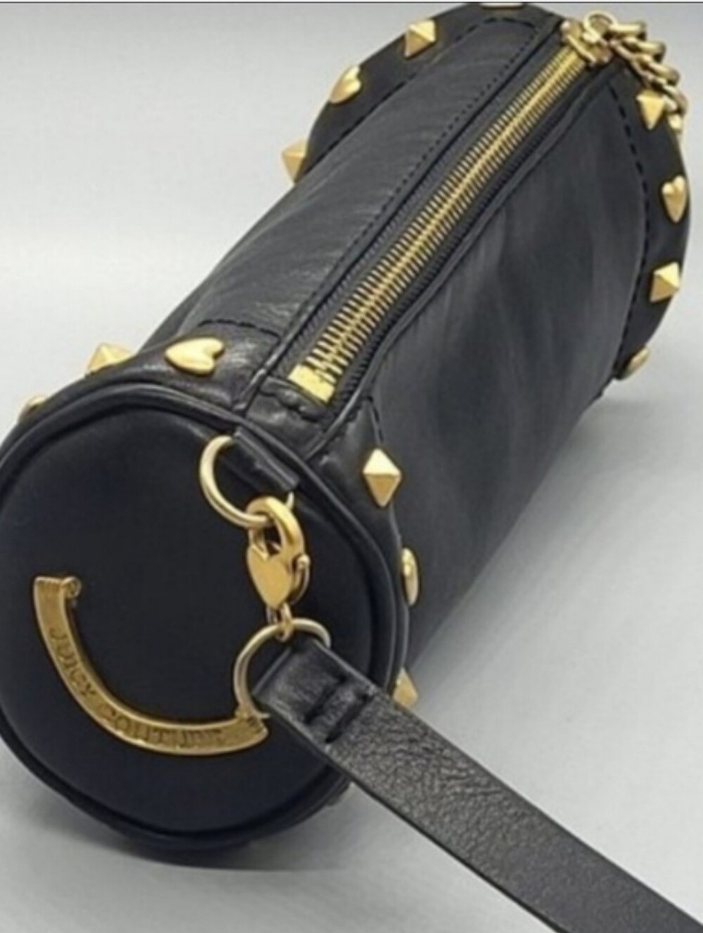 Juicy Couture Y2k Black Cylinder Genuine Leather Wristlet with Gold Brass Studs